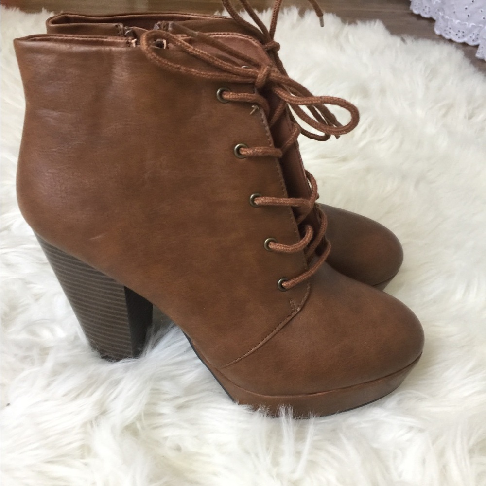 Brown Leather Lace Up Booties with Zip (NEW)